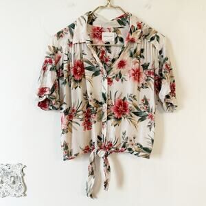 American Eagle Hawaiian Tropical Floral Cropped Tie Front Shirt S